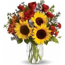 Assorted vase with roses and sunflowers, daisies and others